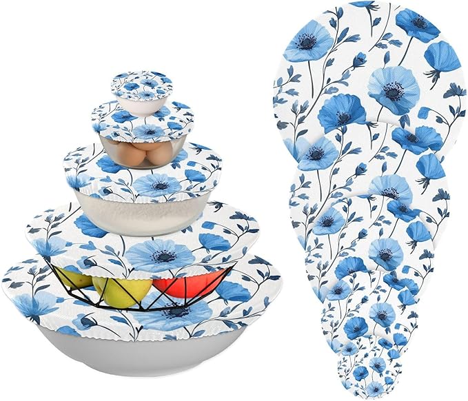 5 Pcs Bowl Covers Reusable in 5 Size Elastic Food Cover Cloth Lids Fresh Keeping Dish Cookware Bakeware Fabric Covers Lids for Food Leftovers Fruits Storage Blue Poppy Flowers and Branches