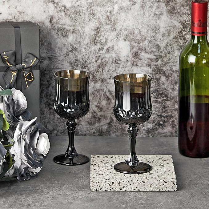 Pinkunn 6 Pcs 7 OZ Plastic Vintage Wine Glasses Reusable Colored Goblets Patterned Drinking Water Glasses Cup Dishwasher Safe for Halloween Wedding Reception Party Supplies (Black)