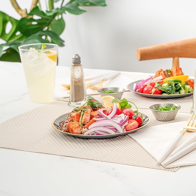 Restaurantware Plastic Plates 100 Pcs 7.25" Gold Rimmed Disposable Plates Heavy-Duty Black Translucent Rippled Plastic Dinner Servers for Party, Weddings, Salads, Desserts, and Appetizers