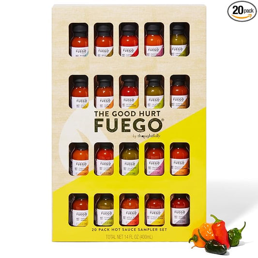 The Good Hurt Fuego by Thoughtfully, Hot Sauce Gift Set, Flavors Include Garlic Herb, Bacon Cayenne, Extreme Habanero, 3 Unique Ghost Pepper Hot Sauces and More, Set of 20