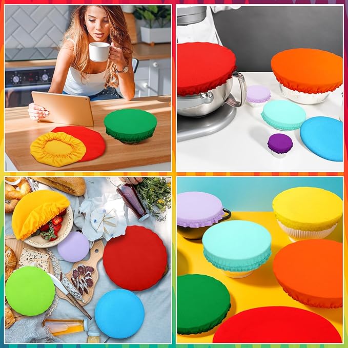 Patelai 10 Pcs Bowl Covers Reusable in 5 Size Stretch Cloth Fabric Elastic Food Storage Bowl Covers Bread Sourdough Lids for Proofing Food Fruits Leftover(Rainbow Style)