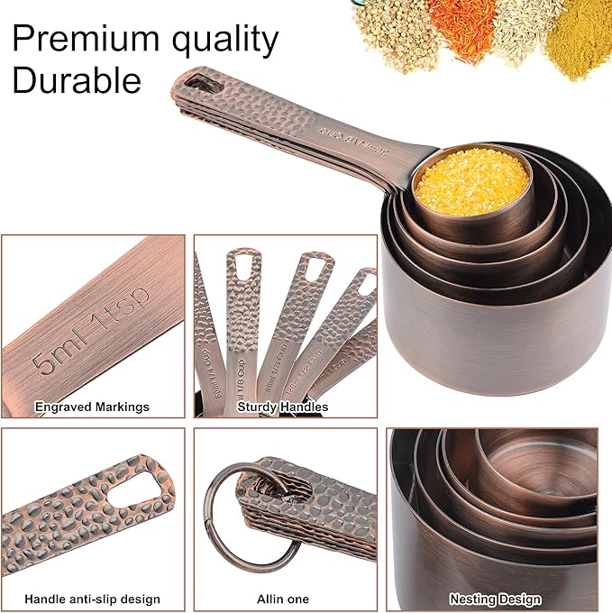 Measuring Cups and Spoons Set 12, Metric & US Copper Measuring Cups and Spoons set for Dry & Liquid, Stainless Steel 5 Measure Cup and 6 Measurf Spoon with 1 Leveler