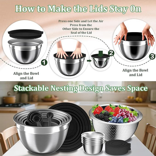 Mixing Bowls with Lids Set, 27Pcs Stainless Steel Nesting Mixing Bowls Set for Kitchen Cooking & Storage, Metal Salad Bowls with Colander, Strainer, Grater & Dressing Containers, Kitchen Gadgets Black