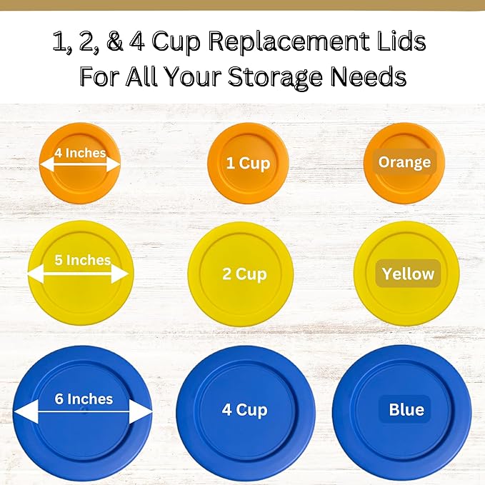 1, 2 & 4 Cup Orange, Yellow, Blue Replacement Lids/Covers for Pyrex, Anchor Hocking & KlareWare Storage Bowls *Lids Only Glass Container Not Included* (9 Pack *Three of Each Size*)