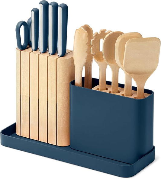 Caraway 14-Piece Kitchen Prep Set - Kitchen Knife Set & Wooden Utensil Set - Made With Premium German Steel Blades & FSC-Certified Birch Wood - Non-Toxic Materials - Includes Organizer - Navy