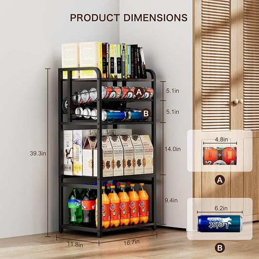 Kadolina Soda Can Organizer for Pantry, 5-Tier Storage Shelf, Kitchen Organizers and Storage, Multifunctional Snack Organizer Rack, Standing Can Rack for Pantry/Kitchen (Black)