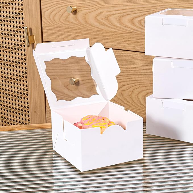 150pcs White Small Cake Box,4x4x2.5 Inch Bakery Boxes with Window,gift boxes bulk for Mini Cake Pastry Dessert Strawberries Chocolates Cupcakes with Stickers