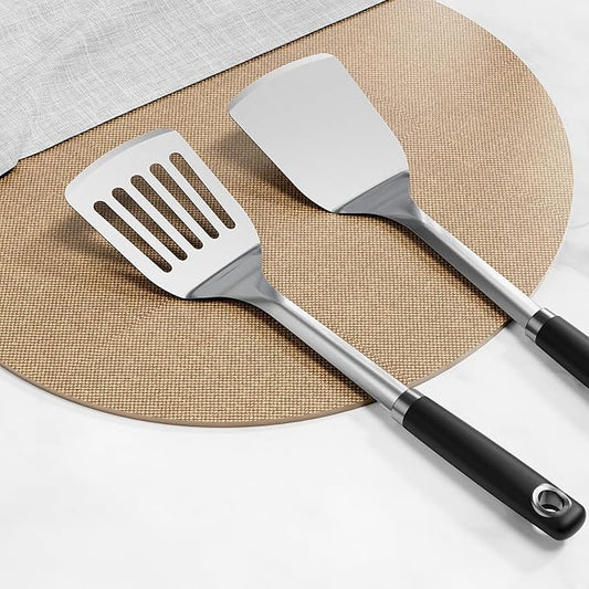 Stainless Steel Spatula Set, 2 Piece Heavy Duty Turner/Metal Spatula, High Heat Resistant Kitchen Cooking Utensils, Ideal Cookware for Frying Steak, Fish, Eggs or Pancakes