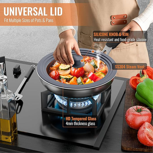 Universal Lids for Pots, Pans and Skillets, 10.5", 11" and 12" Pan Lid, Tempered Glass Pot Lid with Silicone Rim Heat Resistant, Replacement Pan Cover for Frying, Cookware & Bakeware Lids, Grey