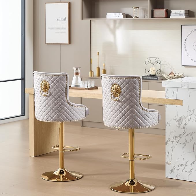 Velvet Gold Barstools Set of 2, Modern Counter Height Adjustable Swivel Stools Chairs with High Tufted Backrest Golden Base Lion Head Pull Ring Rivet Trim for Kitchen (Grey)
