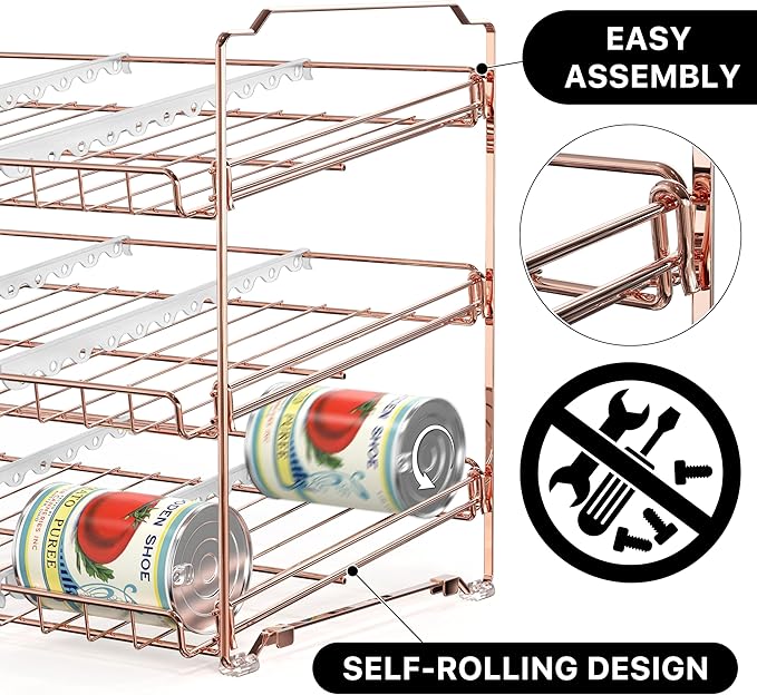 SIMPLE HOUSEWARE Stackable Can Organizer Rack for Pantry/Cabinet – 11.5" D x 17" W x 13.75" H, Holds 36 Cans, 3-Tier Can Food Storage Dispenser, Rose Gold