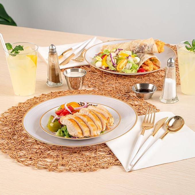 Restaurantware Plastic Plates 40 Pcs 7.13" and 10" Combo Gold Rimmed Plate Set Disposable Heavy-Duty White Translucent Rippled Plastic Dinner Servers for Party, Weddings, Salads, Desserts