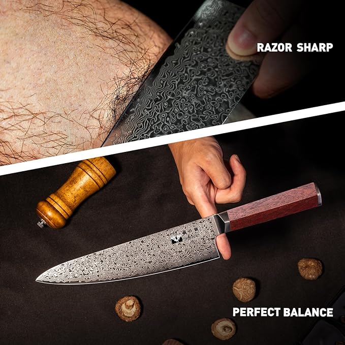 Damascus Chef Knife VG-10 Steel 67-Layer Damascus Professional 8-inch Kitchen Knife Full Tang Ergonomic Natural Wood handle,Razor Sharp Cooking Knife with Exquisite Box
