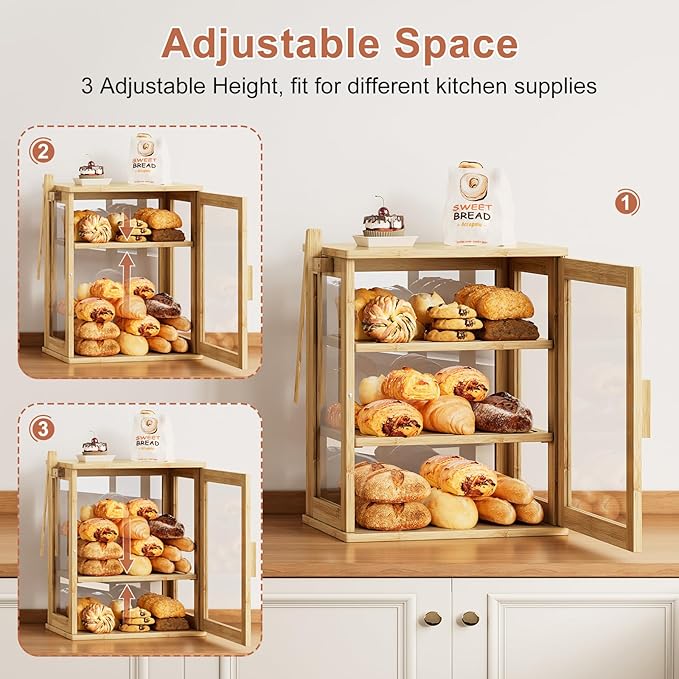 WOWLIVE Bamboo Bread Box for Kitchen Countertop, Large 3 Layers Bread Storage Container for Homemade Bread with Window, Farmhouse Breadbox Organizer for Kitchen, Cabinet, Pantry (Natural, Meduim)