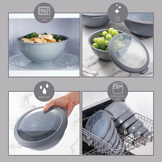 COOK WITH COLOR Mixing Bowls with TPR Lids - 12 Piece Plastic Nesting Bowls Set includes 6 Prep Bowls and 6 Lids, Microwave Safe Mixing Bowl Set (Speckled Charcoal)