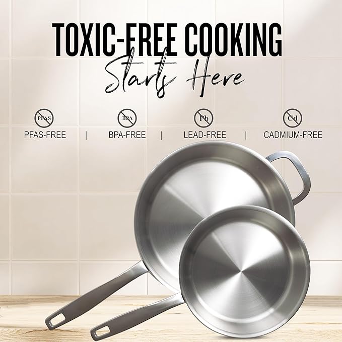 Alva Maestro 5-Ply Stainless Steel Frying Pan with Glass Lid 9.5" - Oven Safe and Made without PFAS, PFOA & PTFE - Induction and All Stovetop Compatible with Even Heat Distribution