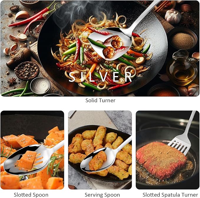 304 Stainless Steel Cooking Utensils Set,9PCS Metal Kitchen Utensils Set with Wooden Handle,Solid Spoon,Spatula,Ladle,Skimmer Spoon,Spaghetti Spoon,Dishwasher Safe
