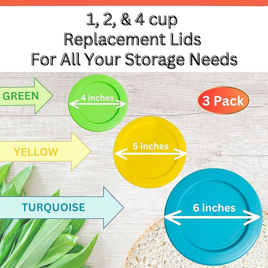 1, 2 & 4 Cup Spring Green, Yellow, Turquoise Replacement Lids/Covers for Pyrex, Anchor Hocking & KlareWare Storage Bowls *Lids Only Glass Container Not Included* (3 Pack *One of Each Size*)
