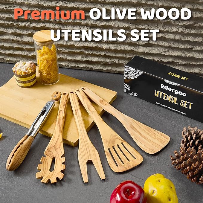 Olive Wood Cooking Utensils Set, 5 PCS Wooden Spoons for Cooking Includes Stainless/Wood Tong, Natural Non-Stick Wooden Utensils Set with Innovative Finger Groove & Non-Slip Notch Design