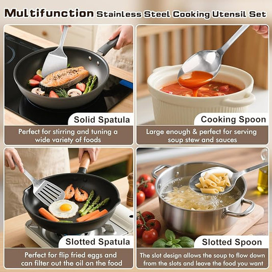 2 Pcs Spoons Cooking Utensils Set, Stainless Steel Kitchen Utensils, Heat Resistant Metal Kitchen Tools Include Solid & Slotted Serving Spoon, Ergonomic Handle, Dishwasher Safe, Easy to Clean, Silver