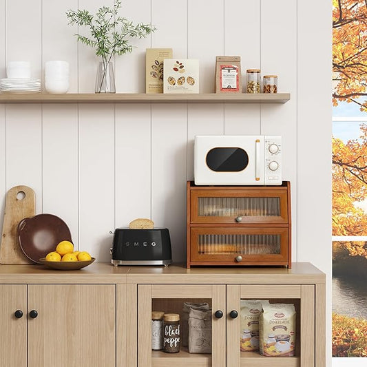 Walnut Brown Roll Top Bread Box for Kitchen Countertop, 2 Tier Large Bread Storage Container for Homemade Bread, 2 Door Wooden Breadbox Holder Keeper for Sourdough Loaf Storage (Bamboo Wood)