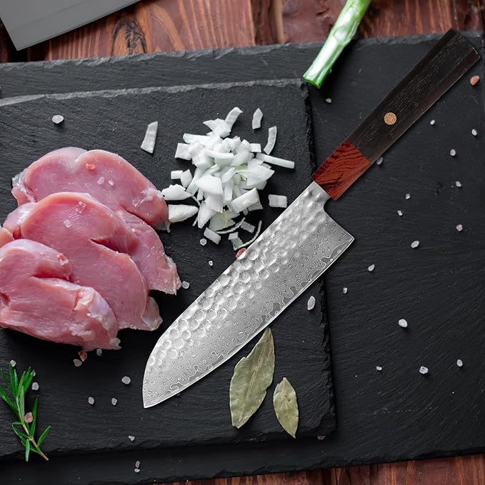 Professional 7 inch Japanese Santoku Chef Knife,67 Layers Damascus VG-10 Super Steel Cutting Core - Ultra Sharp Hammered Kitchen Knife