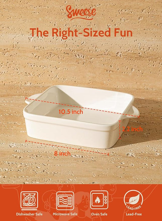 Sweese 8x8 inch Square Porcelain Baking Dish with Double Handles - Non-Stick Oven Casserole Pan for Brownie, Lasagna, Roasting - Great for Serving or Cooking