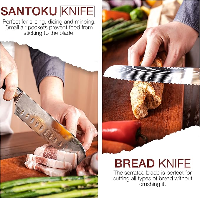 8 PC Chef Knives - High Carbon Stainless Steel Knives With Pakkawood Handles - NO Magnet or Block Included - Japanese Knife Set - Home & Professional Chef's Knife Set