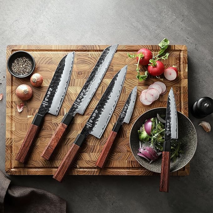 HEZHEN Chef's Knife Set 5PCS, 3 Layers High Carbon Clad,Razor Sharp 10Cr15CoMoV Steel Core, Ergonomic Redwood Octagonal Handle
