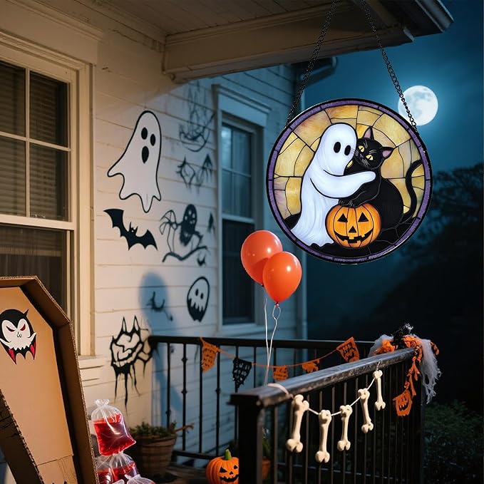 Stained Glass Window Hanging - Halloween Decorations Cute White Ghost Black Cat Suncatcher for Doors Garden Spooky Sun Catchers Gothic Decor Horror Gifts for Women Men Friend Boy 15 in