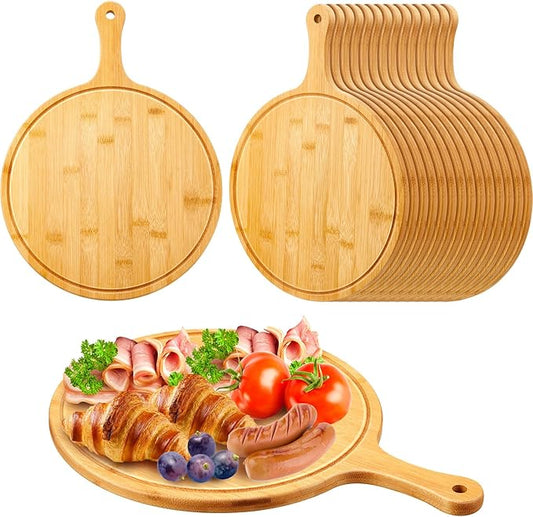 Nuenen 20 Pcs Round Wood Cutting Board with Handle Acacia Bamboo Wooden Serving Kitchen Chopping Boards for Pizza, Bread, Cheese, Charcuterie, Fruit, Vegetables (Bamboo)