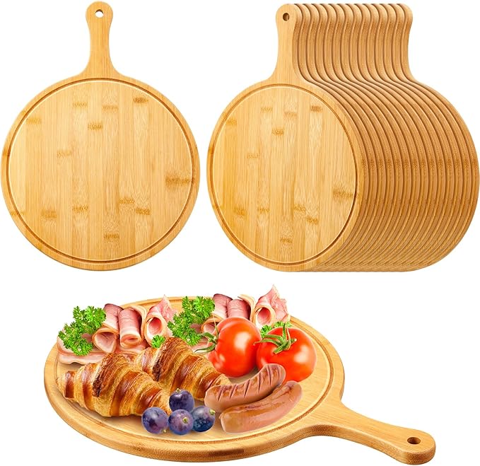 Nuenen 30 Pcs Round Wood Cutting Board with Handle Acacia Bamboo Wooden Serving Kitchen Chopping Boards for Pizza, Bread, Cheese, Charcuterie, Fruit, Vegetables (Bamboo)