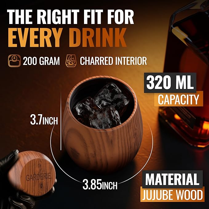 Premium pack Of 2 Charred Wooden Bourbon Glasses for Whiskey drinking old fashion Gifts Grail Men Groomsmen 50th Dad, Brother Birthday, Thanksgiving, Ideas for Him Who Have Everything