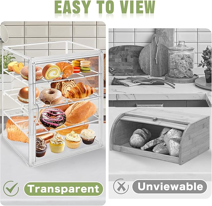 2 PACK Large Clear Bread Box for Kitchen Countertop 4 Layers Acrylic Pastry Display Case Bakery Storage Container with Magnetic Door Bread Keeper for Homemade Cookie Cupcake Muffins Bagel