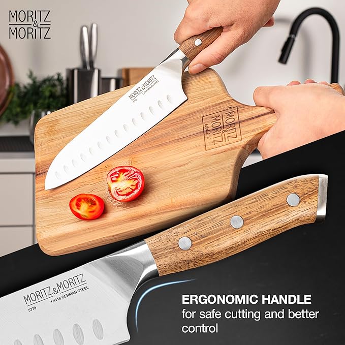 Moritz & Moritz 7-Inch Santoku Knife β Japanese Chef Knife with German Steel Blade, Acacia Wood Handle, Professional Kitchen Knives for Meat, Vegetables, Sushi, Chopping & Slicing