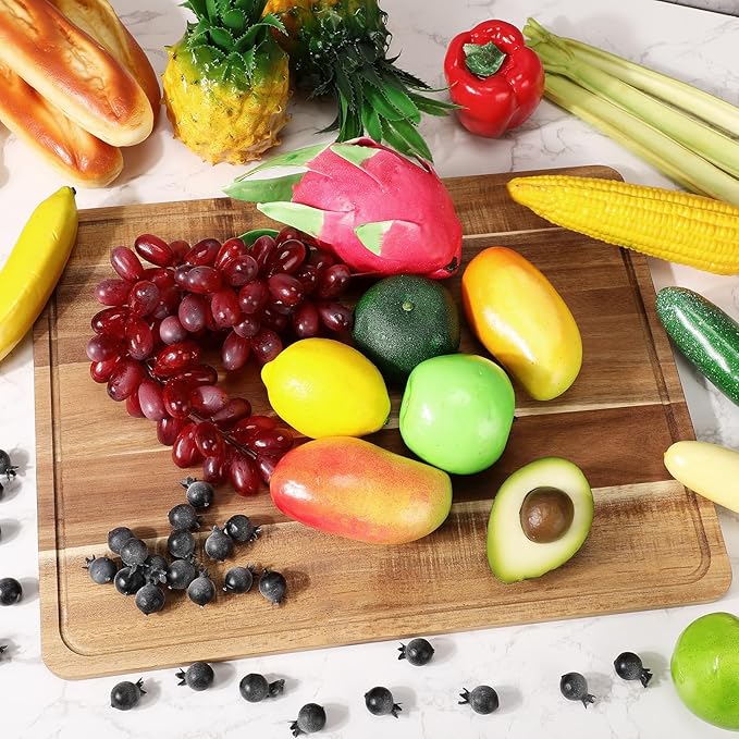 Nuogo 6 Pcs Large Acacia Wood Cutting Board 18 x 14 Inch Wooden Chopping Board with Juice Groove Reversible Wood Cutting Board Charcuterie Chopping Butcher Block for Kitchen Fruit Meat Veggies