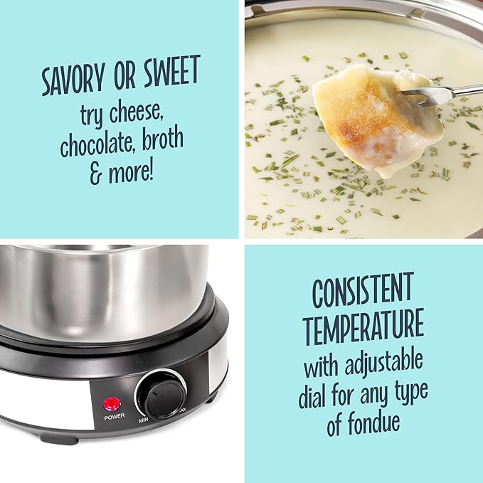 Nostalgia 8-Cup Electric Fondue Pot Set for Cheese & Chocolate - 8 Color-Coded Forks, Temperature Control - Kitchen Gadgets and Appliances for Hors d'Oeuvres and More - Stainless Steel