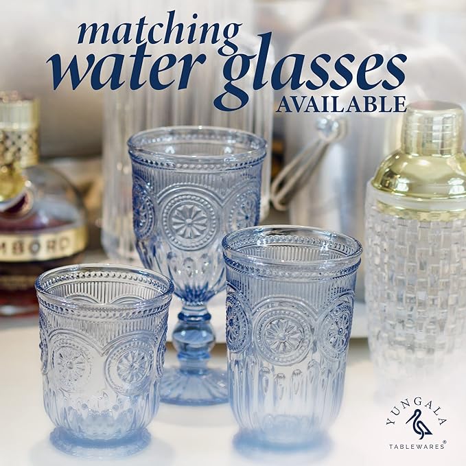 Yungala Blue Wine Glasses - Set of 6 Glass Goblets, 10oz - Dishwasher-Safe Handcrafted Stemmed Blue Vintage Glassware vintage wine glasses or water goblets or for those who love blue drinking glasses