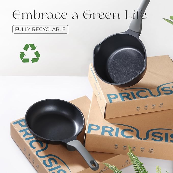 PRICUSIS Nonstick Ceramic Frying Pan with Lid, 8/10 Inch Skillet with Stay Cool Handle, Fully Coated, Induction Compatible & Oven Safe, 100% Dishwasher Safe, PTFE & PFOA Free(10 Inch, Black Sesame)