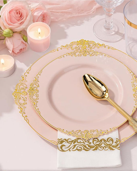 Nervure 350PCS Pink Plastic Plates - Pink Dinnerware Sets for 50 Guests - 100 Disposable Plates, 150 Gold Plastic Silverware, 50 Cups, 50 Napkins for Wedding & Party