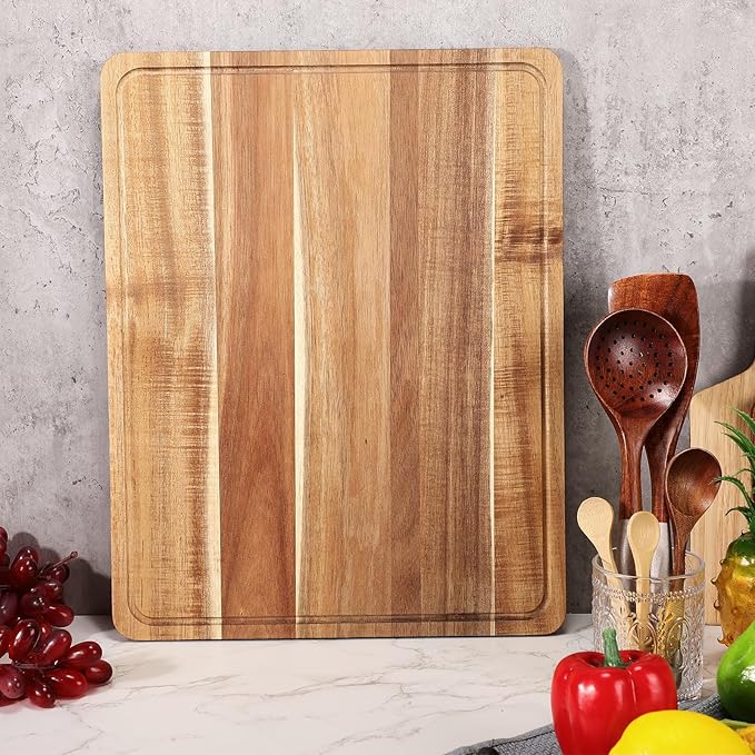 Nuogo 6 Pcs Large Acacia Wood Cutting Board 18 x 14 Inch Wooden Chopping Board with Juice Groove Reversible Wood Cutting Board Charcuterie Chopping Butcher Block for Kitchen Fruit Meat Veggies