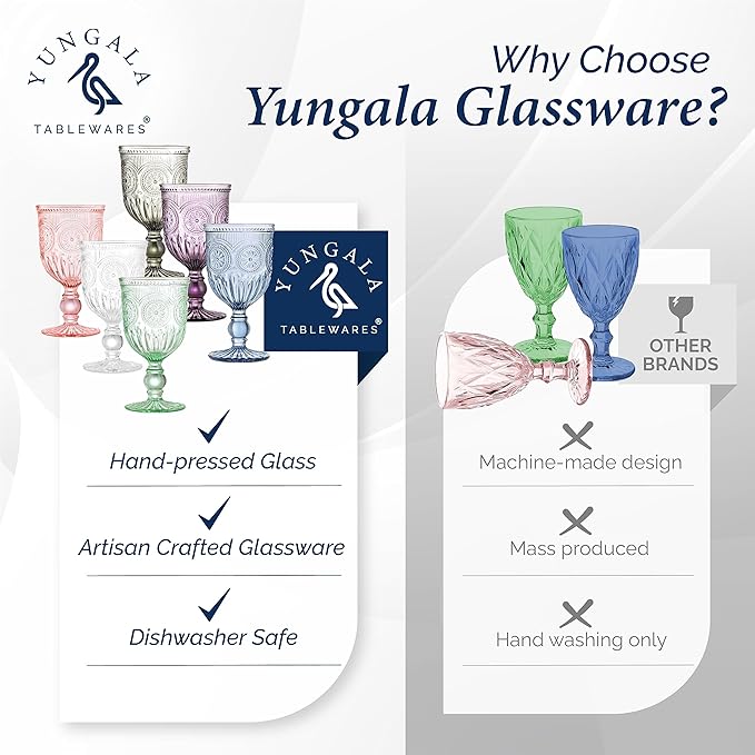 Yungala Colored Wine Glasses set of 6 colorful glass goblets made from Solid glass colors, colorful wine glasses are 100% dishwasher safe, multi colored wine goblets are hand crafted