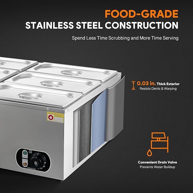 WILPREP Double-Well Commercial Food Warmer with Six 1/3 Pans, Electric Warmer for Food with Adjustable Temp & Automatic Shutoff, Stainless Steel Food Heating Unit for Buffet Food Truck Hotel More