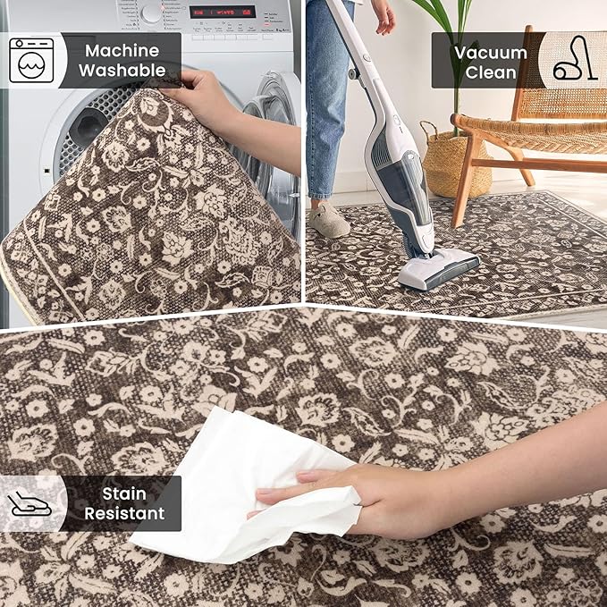 Vintage Washable 2x5 Rug Runner, Rust Brown Red Runners for hallways, Super Soft Kitchen Runner Rug Non Slip, Print Faux Wool Floral Thin Carpet Runner for Entryway Indoor Bedroom