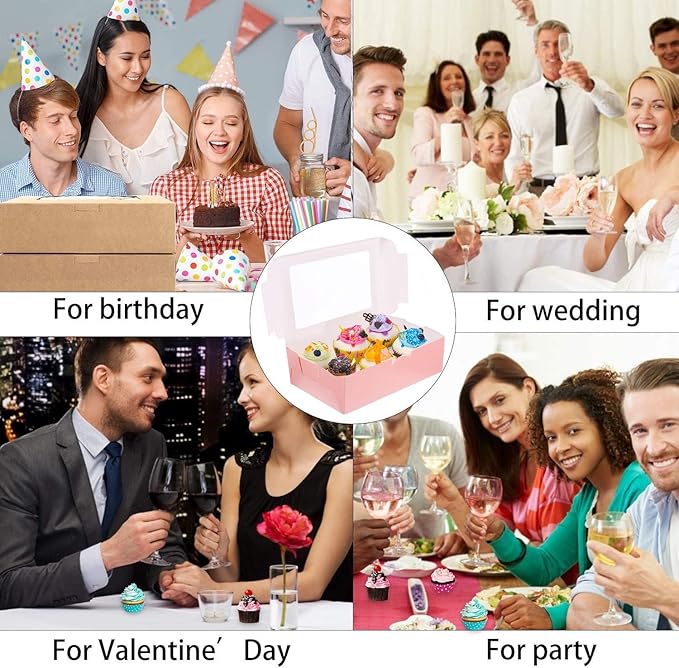 20 Pack Cupcake Boxes 6 Count with Window, Muffin Box with Inserts, Cake Boxes, Paper Bakery Cookie Boxes Ideal Take Out Container Box for Cupcake, Cake, Pastry, Treats, Dessert, Donuts (Pink)