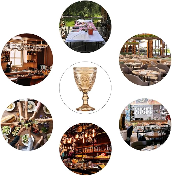 12 Pcs Vintage Wine Glasses, 10 Oz Colored Glass Water Goblets, Unique Flower Embossed Pattern High Clear Stemmed Glassware Wedding Party Bar Glass Drinking Cups Flower Amber Fancy Glasses Set of 12