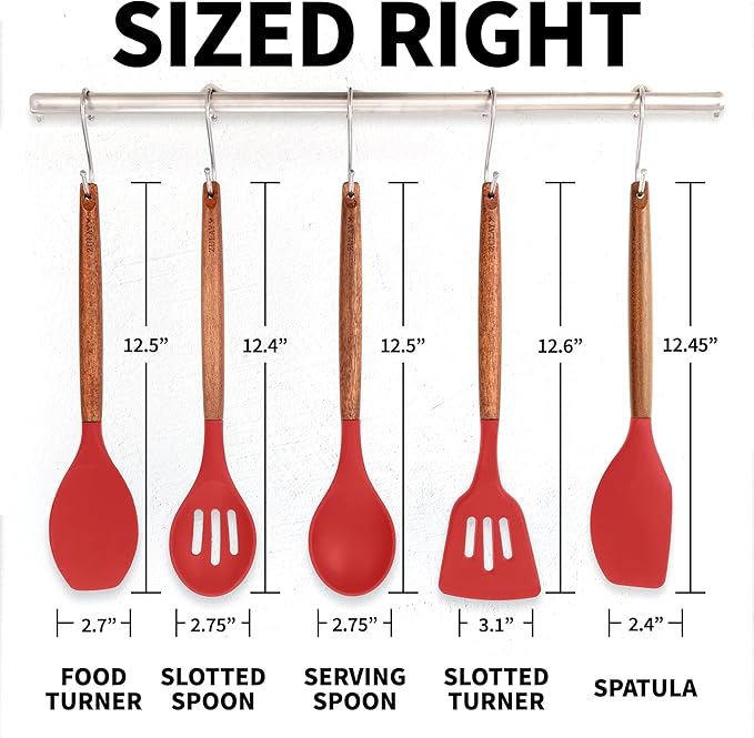 Zulay Kitchen Utensils Set Non-Stick Silicone Cooking Utensils Set with Authentic Acacia Wood Handles - 5 Piece Silicone Utensil Set - Silicone Kitchen Utensils Set with 464°F Heat Resistance - Red