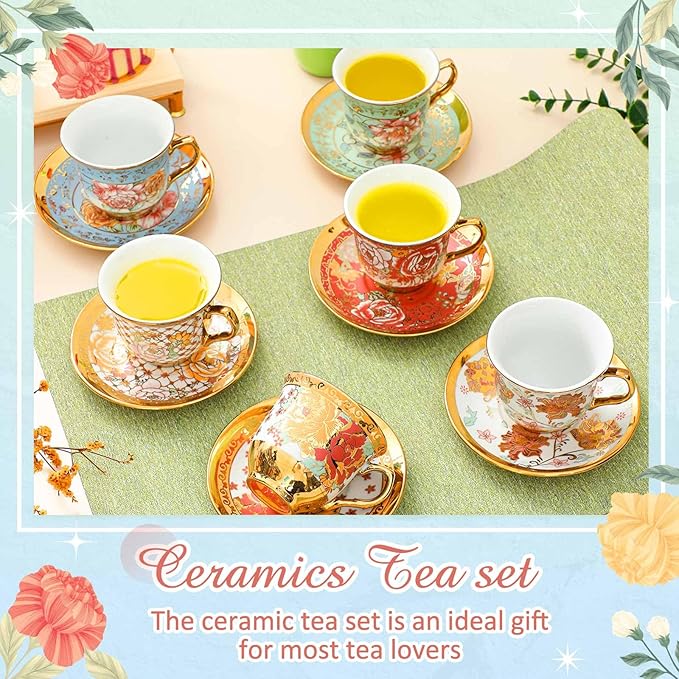 Set of 6 Tea Cups and Saucers Tea Party Decorations Floral Porcelain 5.4 oz British Gift for Women Birthday Party, Church, and Mother's Day (Stylish Style,5.4 oz)