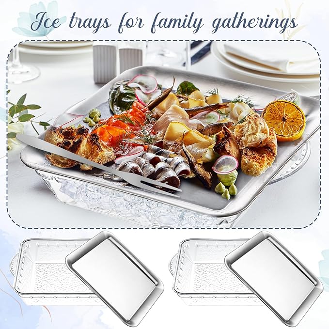 Baderke 6 Set 9" Chilled Serving Tray for Parties with Compartments Ice Chilled Party Platter Charcuterie Serving Board Cold Dish Dip with Forks Tongs for Fruit Seafood Vegetable Appetizer (Silver)