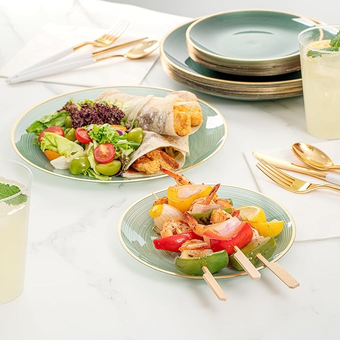 Restaurantware Plastic Plates 40 Pcs 7.13" and 10" Combo Gold Rimmed Plate Set Disposable Heavy-Duty Green Translucent Rippled Plastic Dinner Servers for Party, Weddings, Salads, Desserts